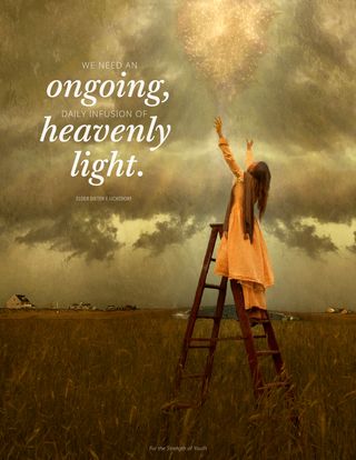 girl on ladder in field, reaching for light overhead