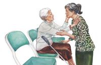 drawing of elderly woman sitting and talking to another woman