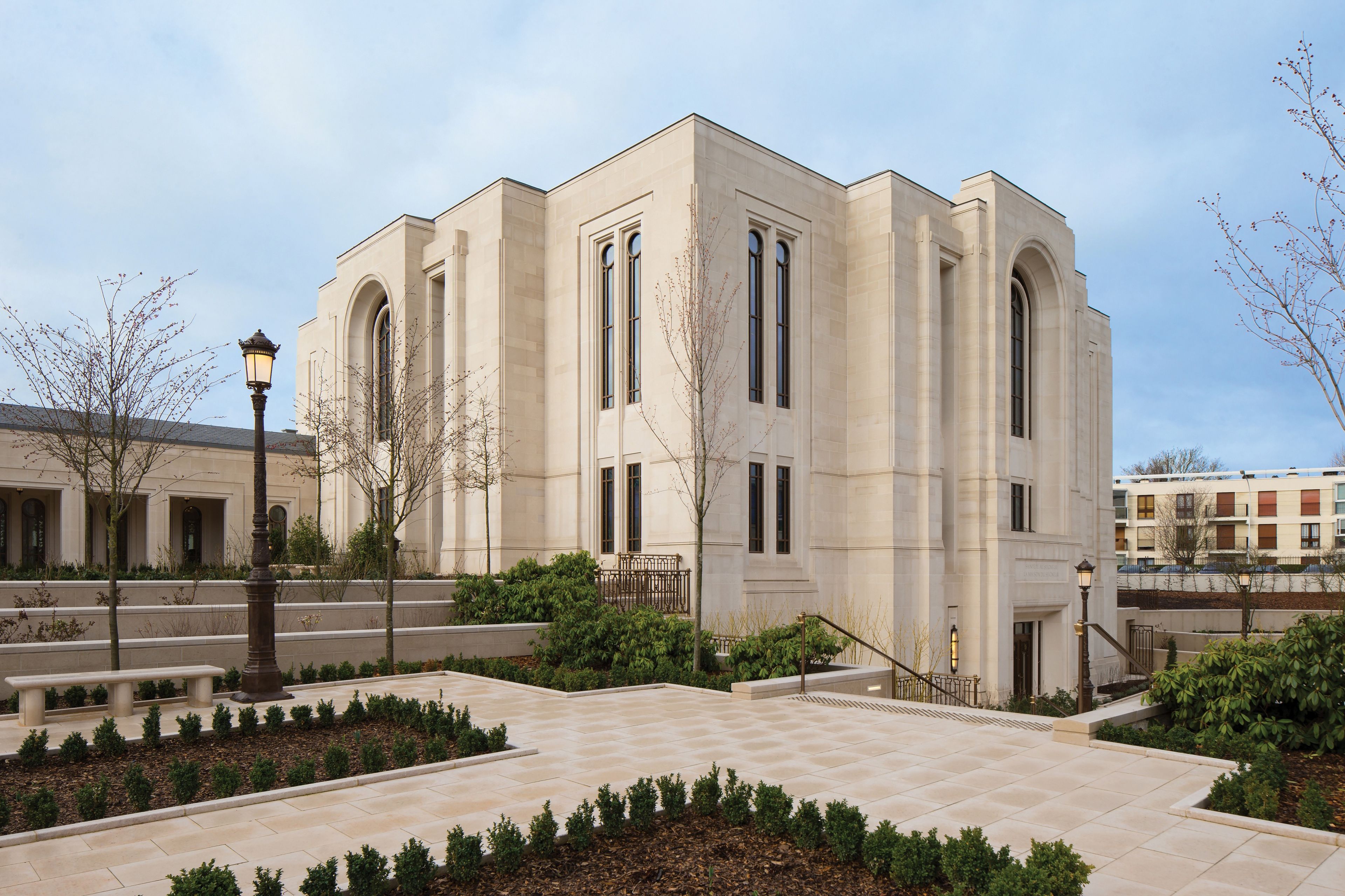 A view of the corner of the Paris France Temple.