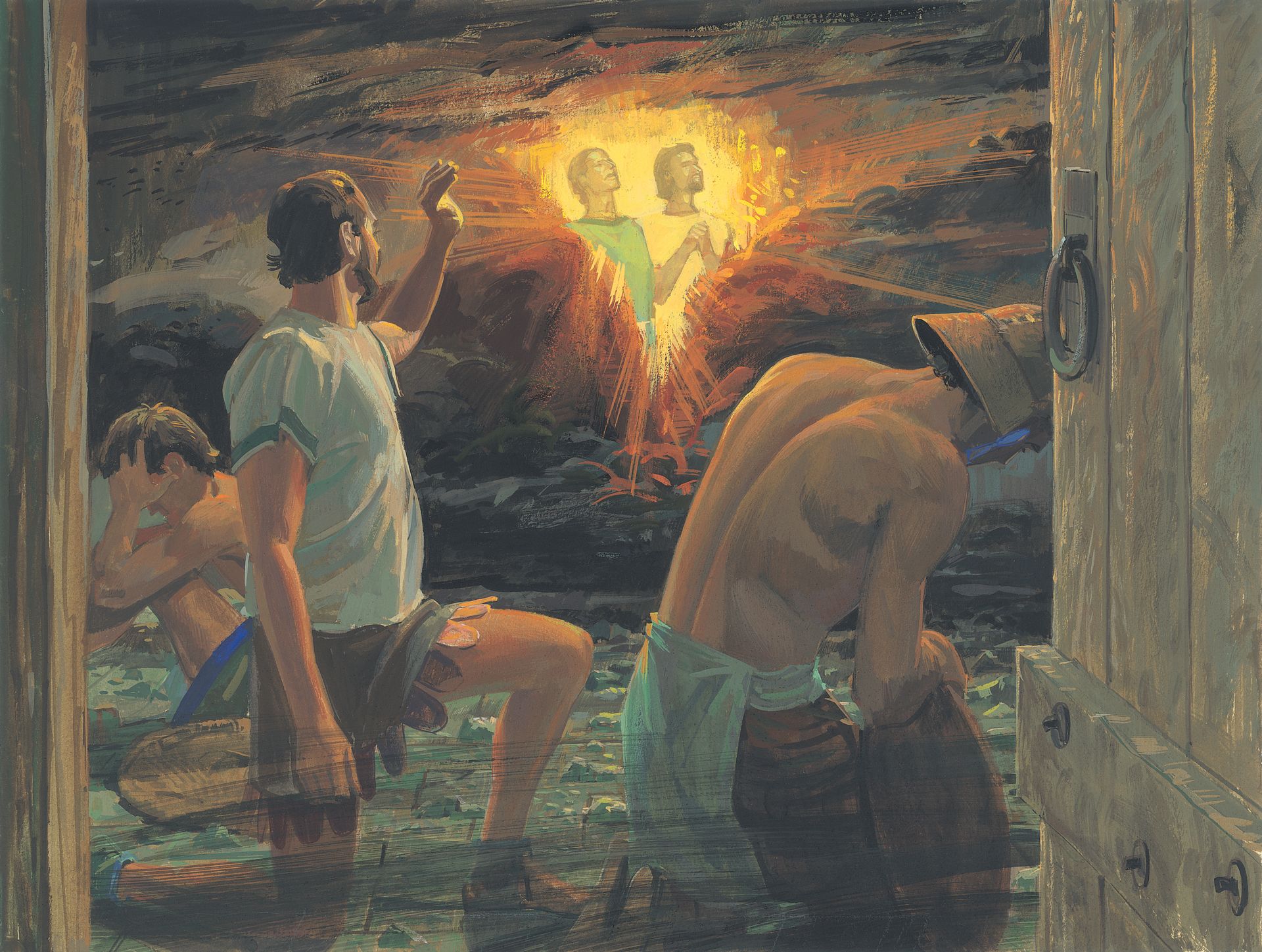 A painting by Jerry Thompson depicting Nephi and Lehi in prison.