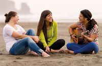 young women laughing at the beach