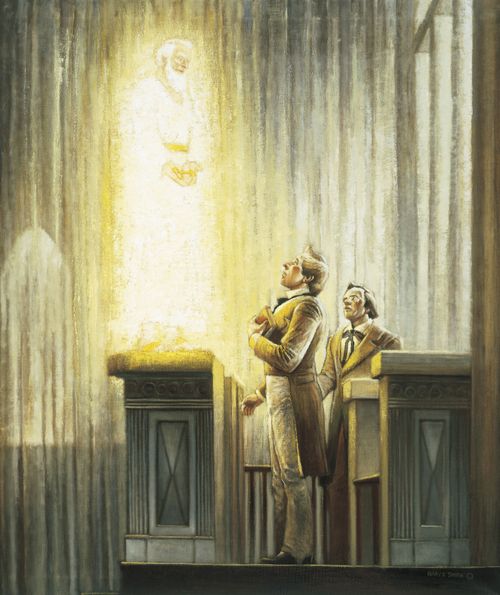 A depiction by Gary E. Smith of Elijah appearing and standing above Joseph Smith and Oliver Cowdery in the Kirtland Temple.