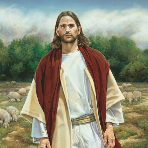 illustration of the Savior with sheep in the background