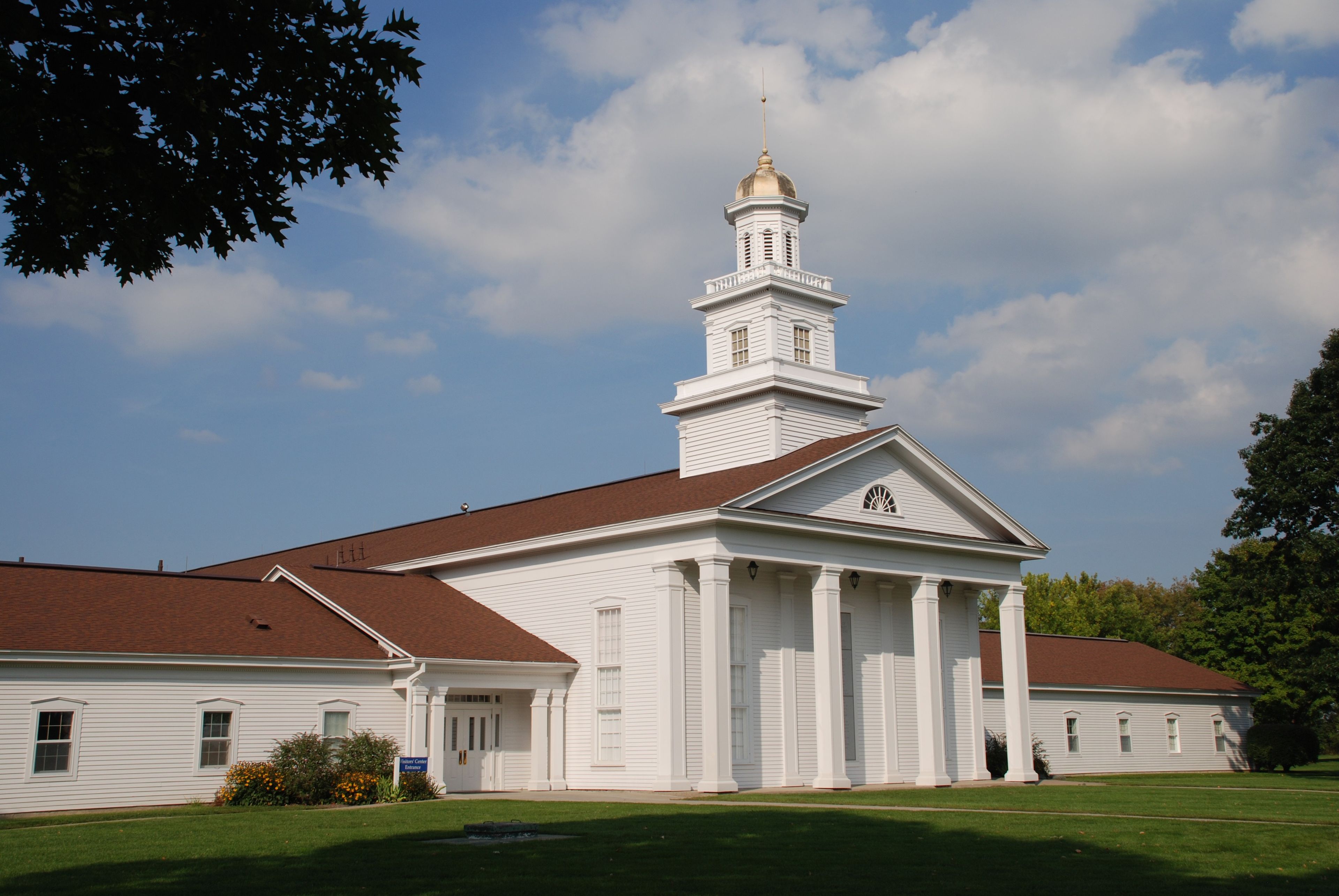 A white chapel and visitors’ center in Fayette, New York.