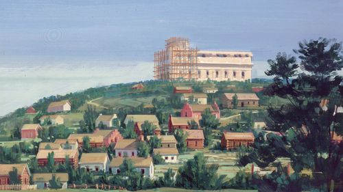 Unfinished Nauvoo Temple on the hill. The city of Nauvoo is layed out below. In the foreground are several covered wagons pulled by horses passing a man standing by the road to the city.