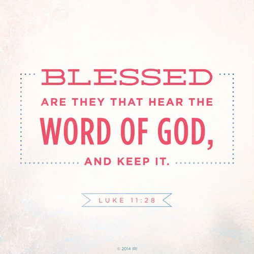 The words from Luke 11:28 printed in pink on a white background.