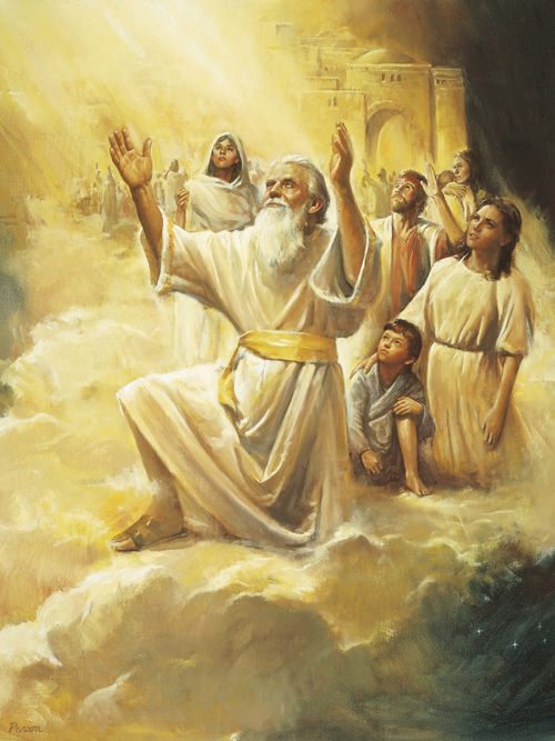 The Old Testament prophet Enoch and people from the City of Zion being translated. The people are depicted kneeling on a cloud. Enoch has his arms raised in the air.