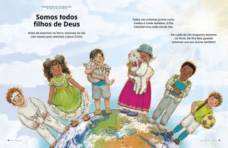 Crianças de várias raças e culturas em pé, no alto de um globo