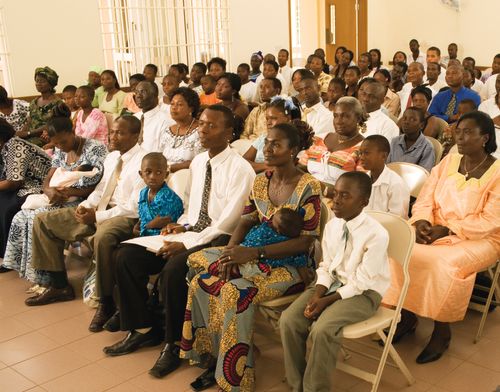 An African congregation gathered in sacrament meeting.