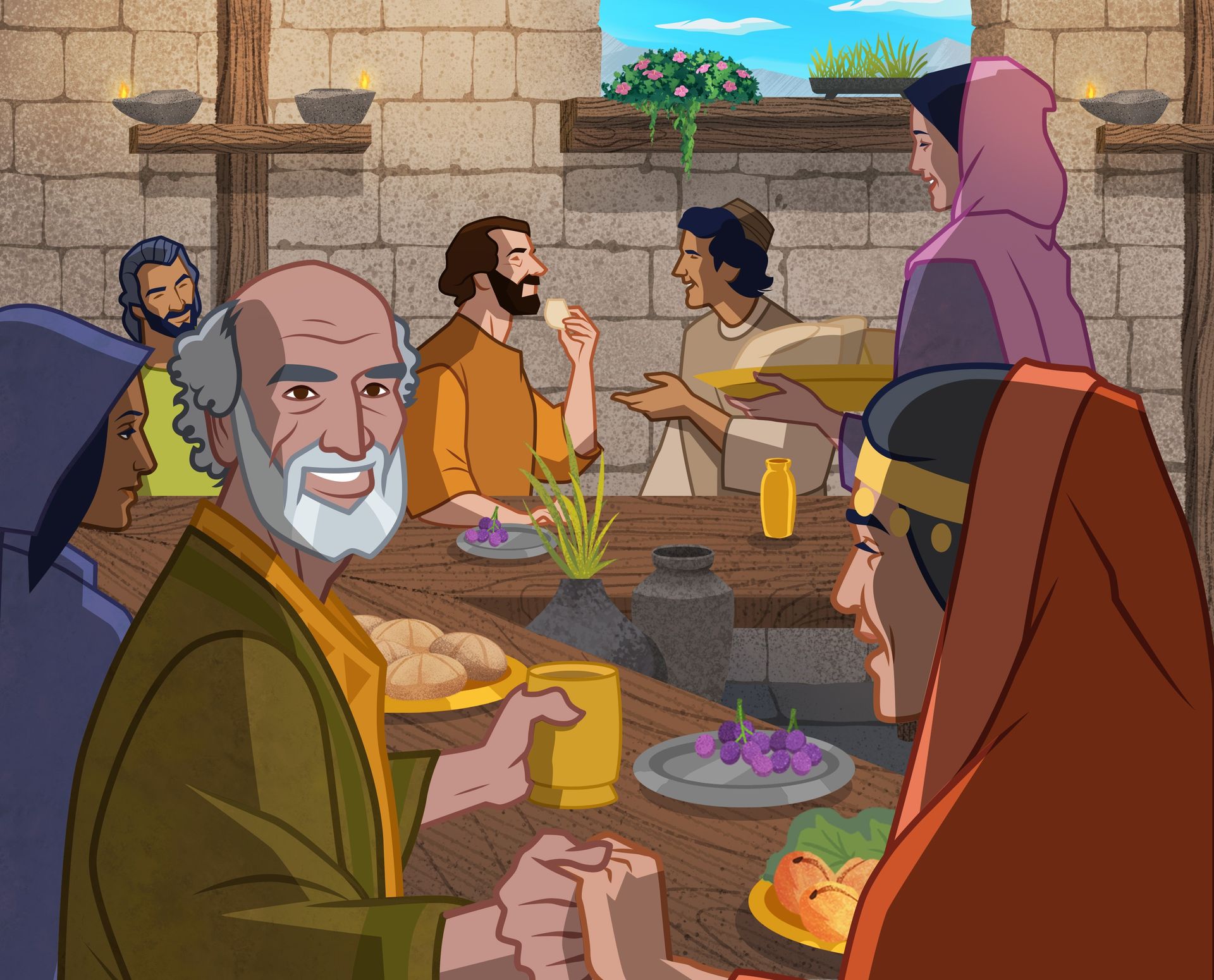 Ilustración de Job y su familia comiendo juntos. 
Job 1:1–5