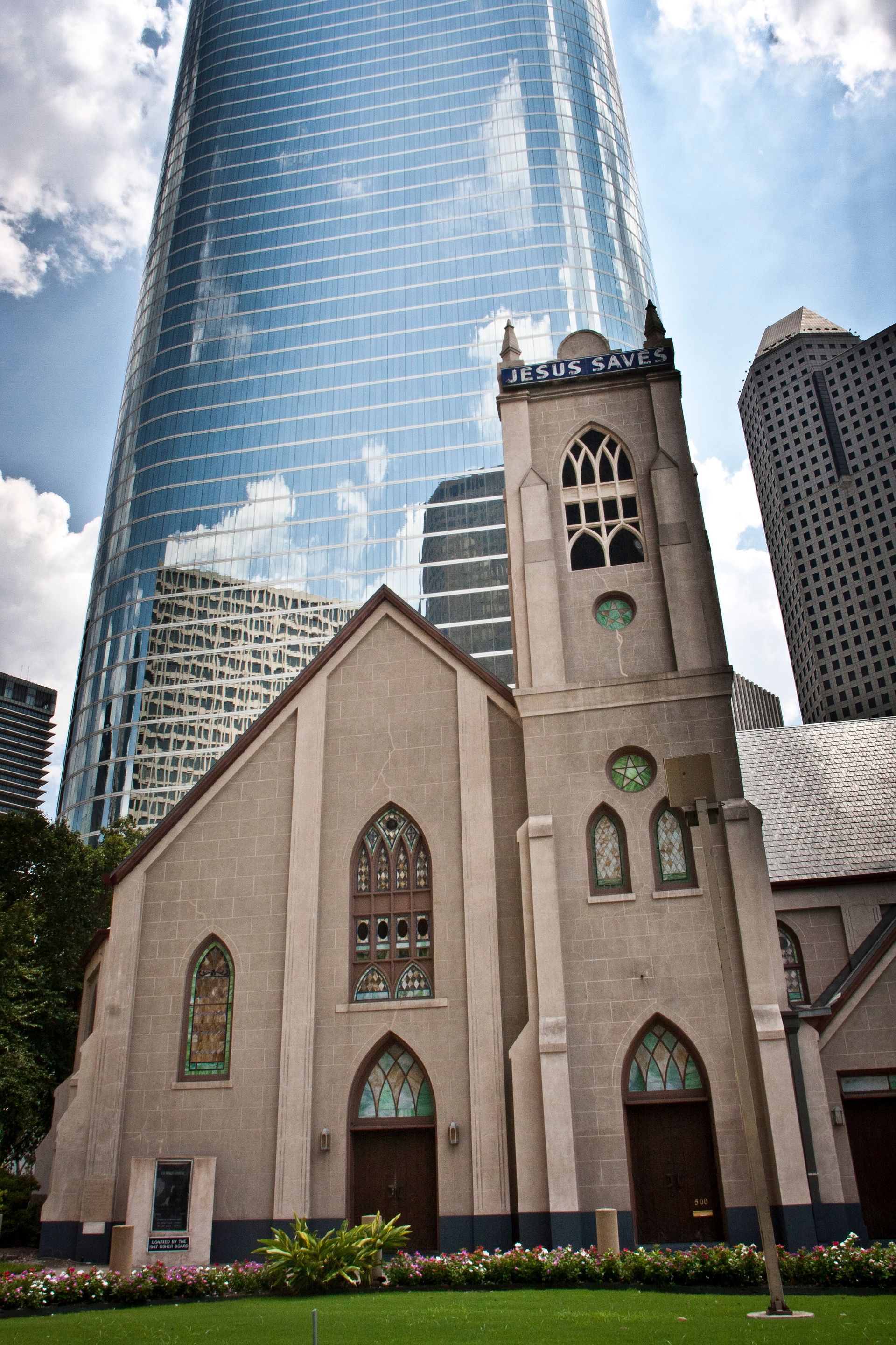 A church amid skyscrapers in downtown Houston, Texas.