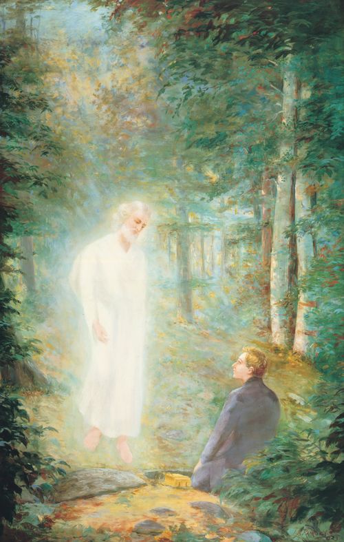 Depicts the angel Moroni at left appearing to a kneeling Joseph Smith who has the newly unearthed gold plates lying at his right side.  [Supplied title]