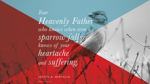 An image of a small bird on a branch, overlaid with bright colors, with a quote by Elder Joseph B. Wirthlin: “Your Heavenly Father—who knows when even a sparrow falls—knows of your heartache and suffering.”
