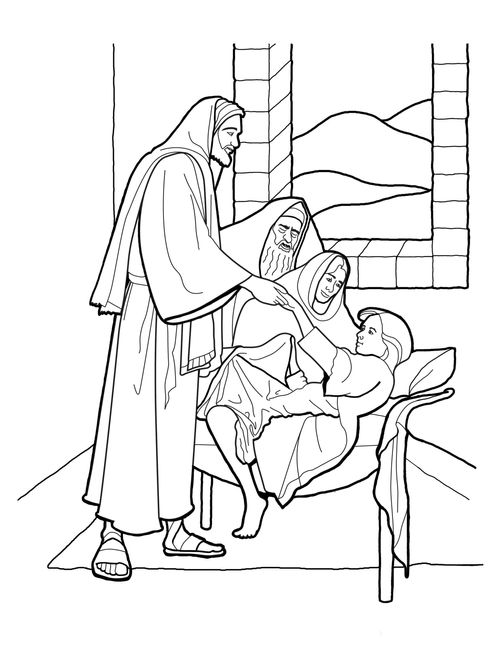 A black and white line drawing of Jesus Christ reaching out to help up a girl who He has raised from the dead.