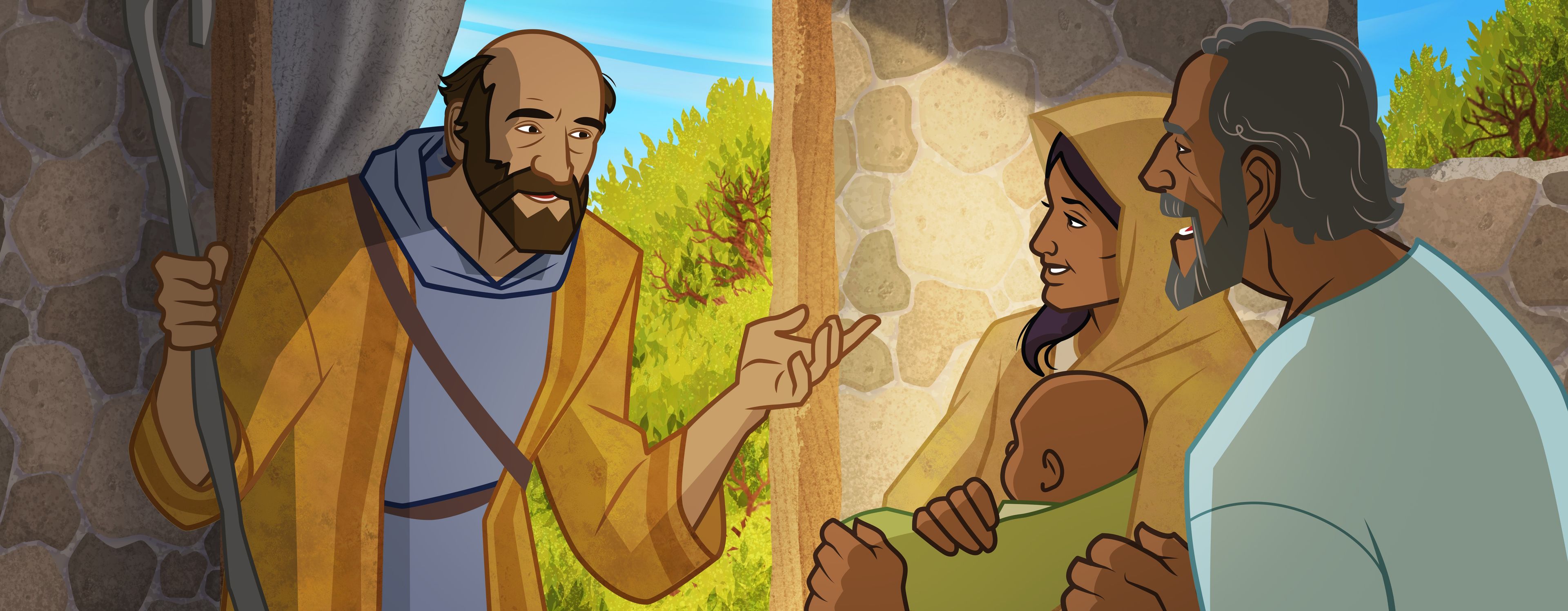 Ilustración de Eliseo hablando con una familia. 
2 Reyes 4:8–17