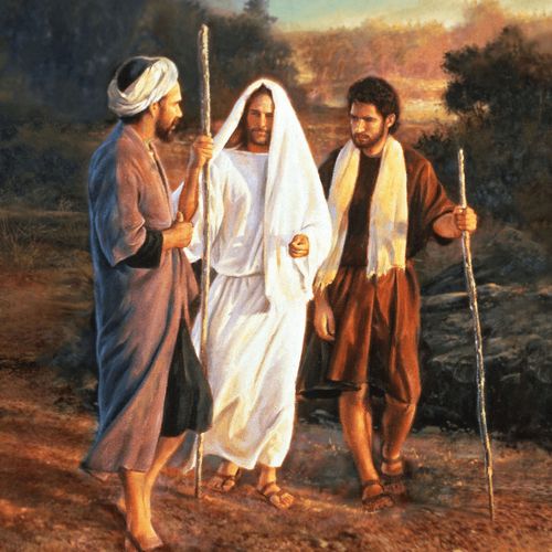 Jesus mit zwei Jüngern auf dem Weg nach Emmaus