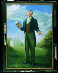 Portrait (full figure) of Joseph Smith, Jr. The Prophet is depicted standing on the grounds of the Kirtland Temple. He is holding a copy of the Book of Mormon. The Kirtland Temple is visible in the background. There are clouds in the sky.