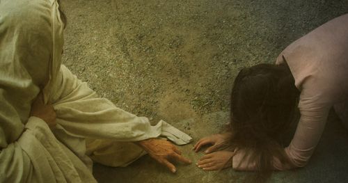Jesus with woman fallen on ground