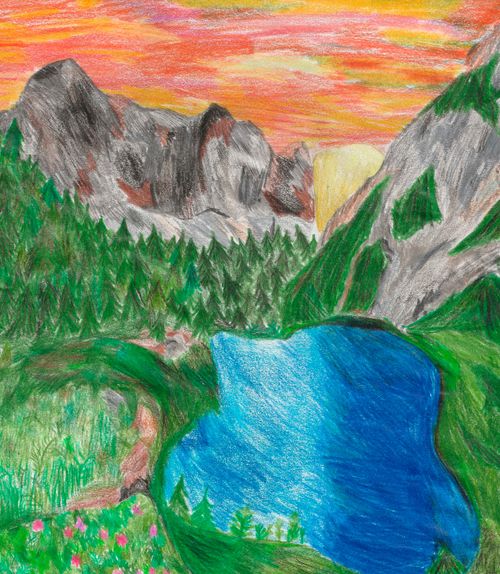 drawing of mountains and lake