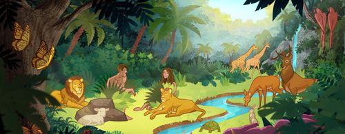 Illustration von Adam und Eva mit Tieren 
Genesis 2:8,9; 3:8; Mose 3:8,9; Abraham 5:8,14-19