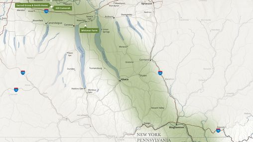 A map that highlights the travel time between Church History sites in New York and Pennsylvania.