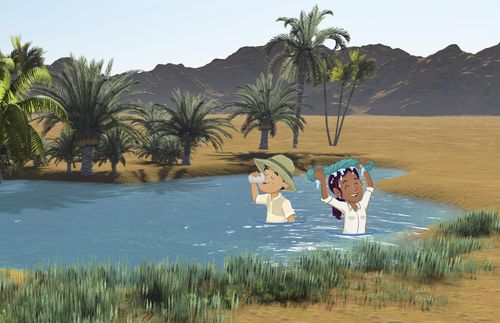 kids in water in desert