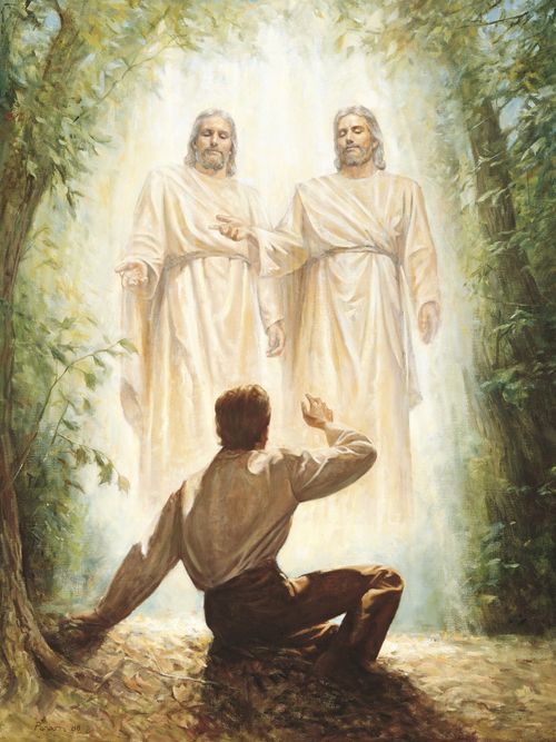 The Prophet Joseph Smith, Jr. in the Sacred Grove (in Manchester, New York) when he received the First Vision. Joseph is depicted kneeling before God the Father and Jesus Christ. Both God the Father and Christ are portrayed wearing white robes. The Father is presenting Christ to Joseph. There are trees in the background. (Joseph Smith - History 1:15-20)