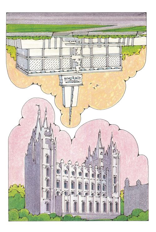 Two Primary cutouts of the Salt Lake Temple surrounded by green bushes and the Mexico City Mexico Temple with birds flying in the sky.