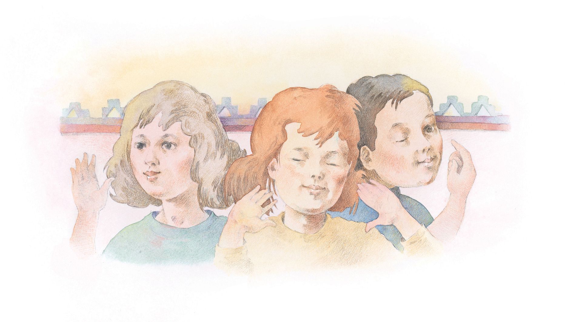 Three children close their eyes while singing a song. From the Children’s Songbook, page 268, “Two Little Eyes”; watercolor illustration by Richard Hull.