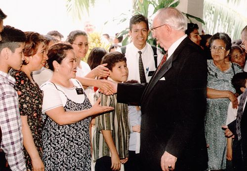 President Gordon B. Hinckley with crowd in Nicaragua