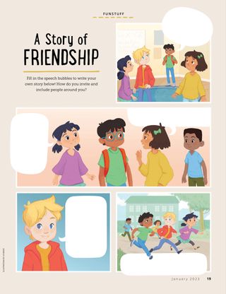 Page from the January 2023 Friend Magazine. FUNSTUFF: A Story of Friendship