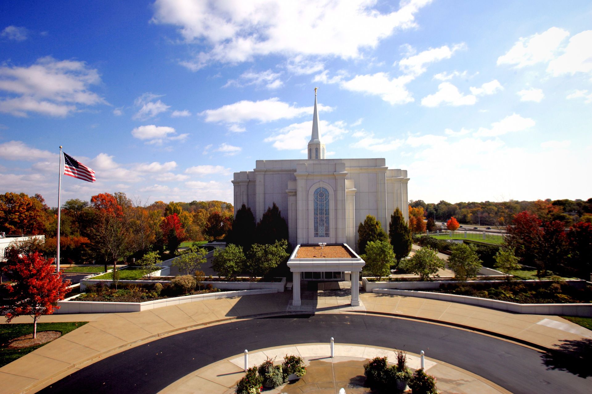 The west side of the St. Louis Missouri Temple in the fall, including the grounds.