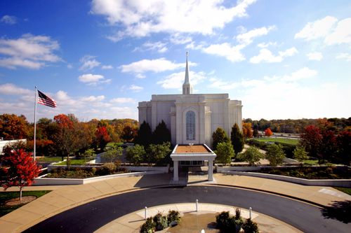 The entire St. Louis Missouri Temple, with a view of the grounds all around the temple and the road that leads up to the entrance of the temple.