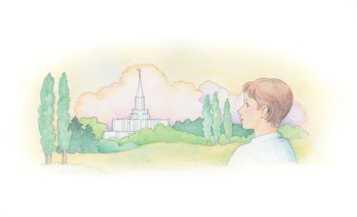 A watercolor illustration of a boy looking over a meadow toward the spire of a temple rising over the trees.