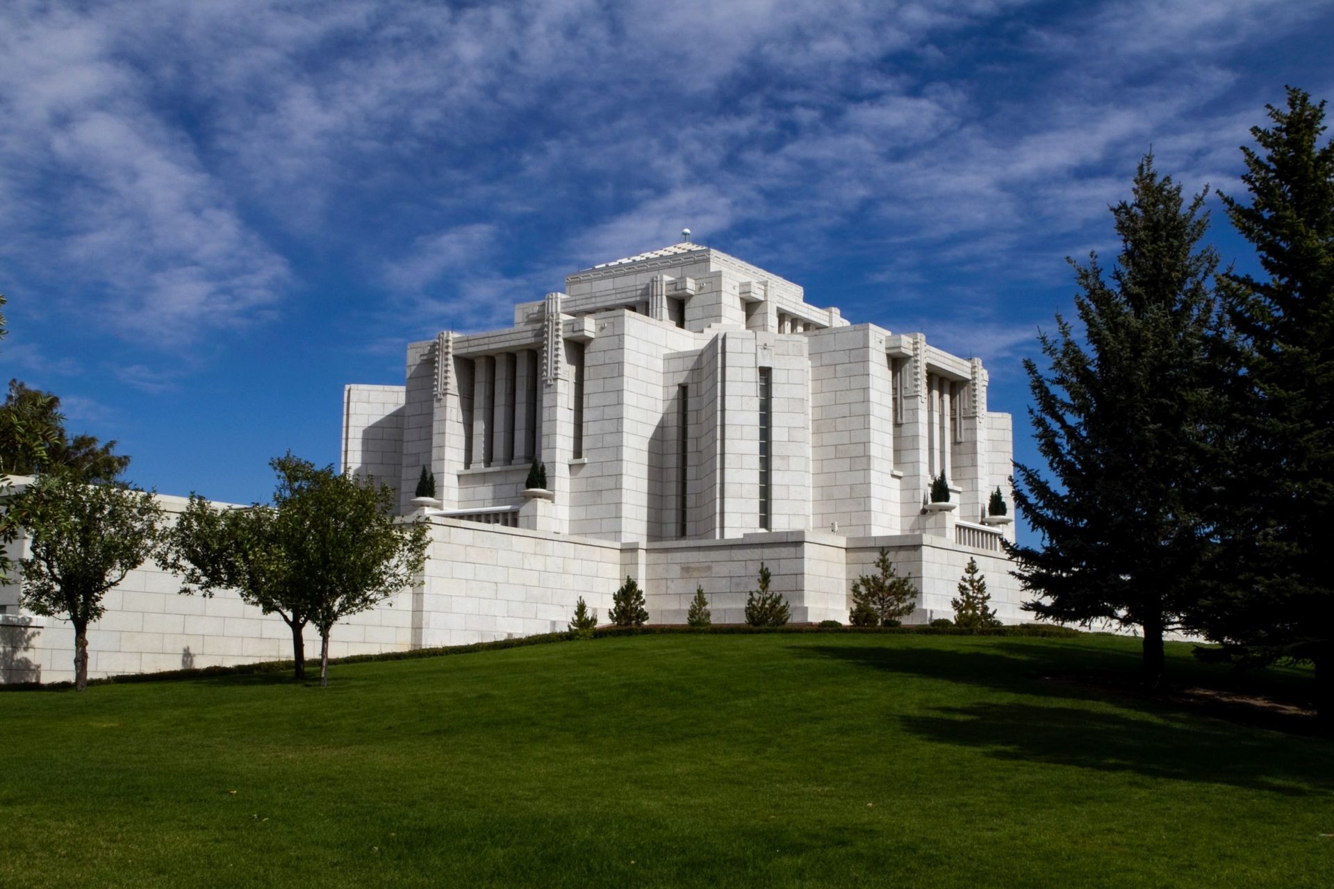 A side view of the Cardston Alberta Temple, including scenery.