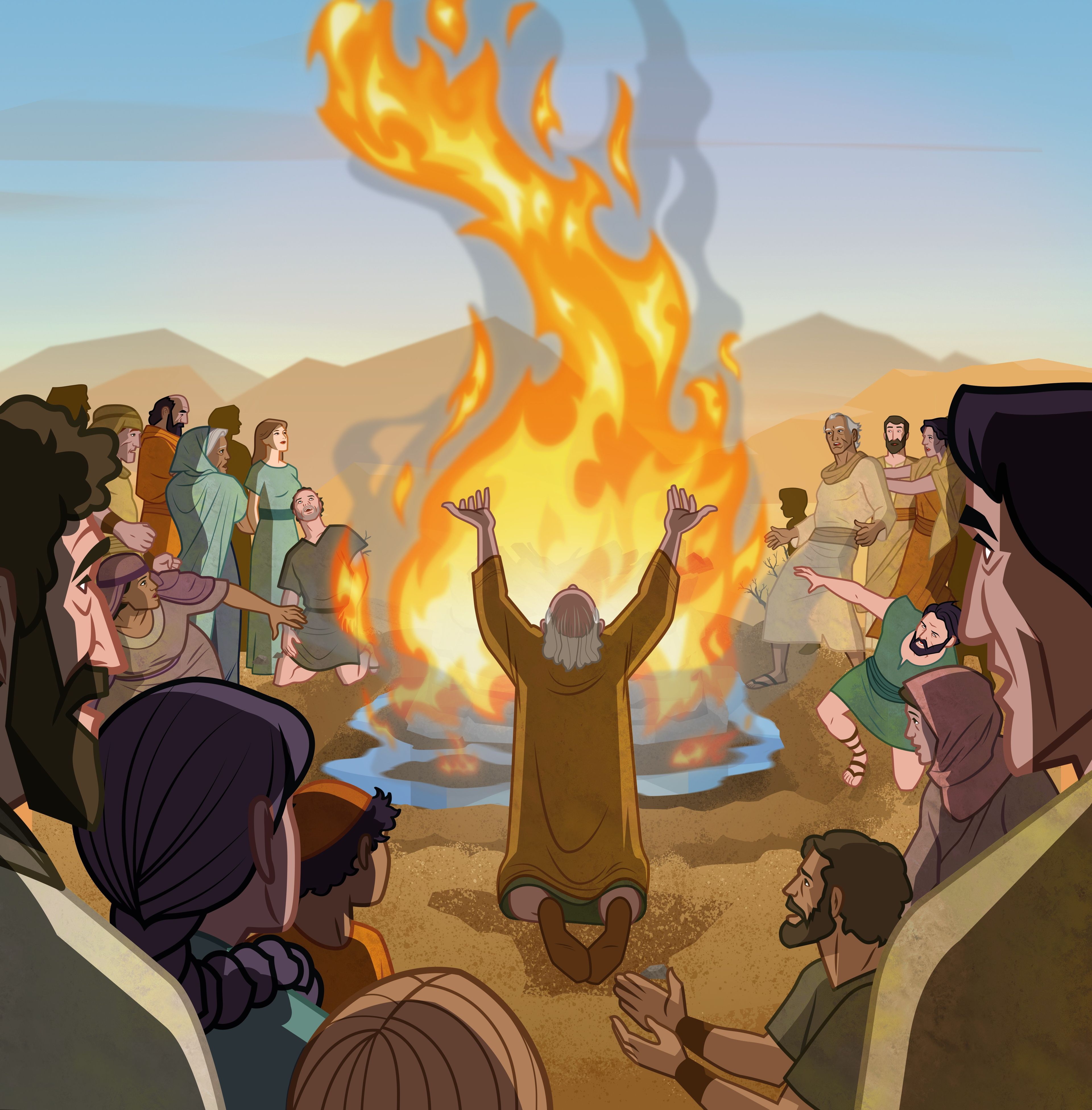 Illustration of Elijah praying next to altar. 1 Kings 18:38–41