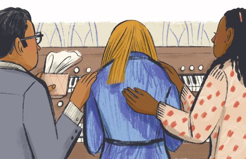 ilustração de uma mulher tocando órgão e sendo consolada por duas pessoas