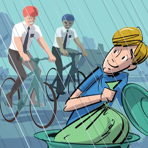 missionários de bicicleta à chuva com um jovem a deitar fora lixo