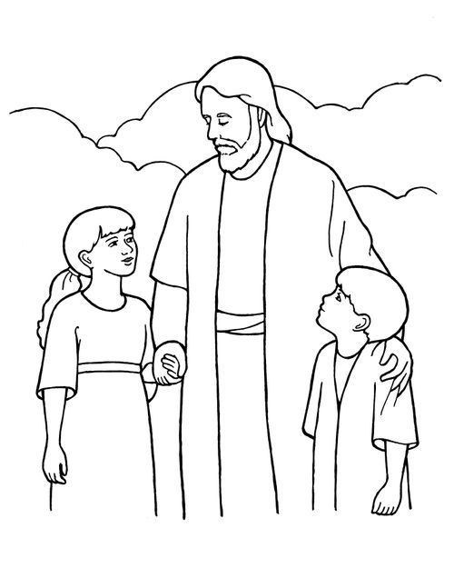 A black-and-white illustration of Christ in a robe standing and talking with a young boy and girl in front of some clouds.
