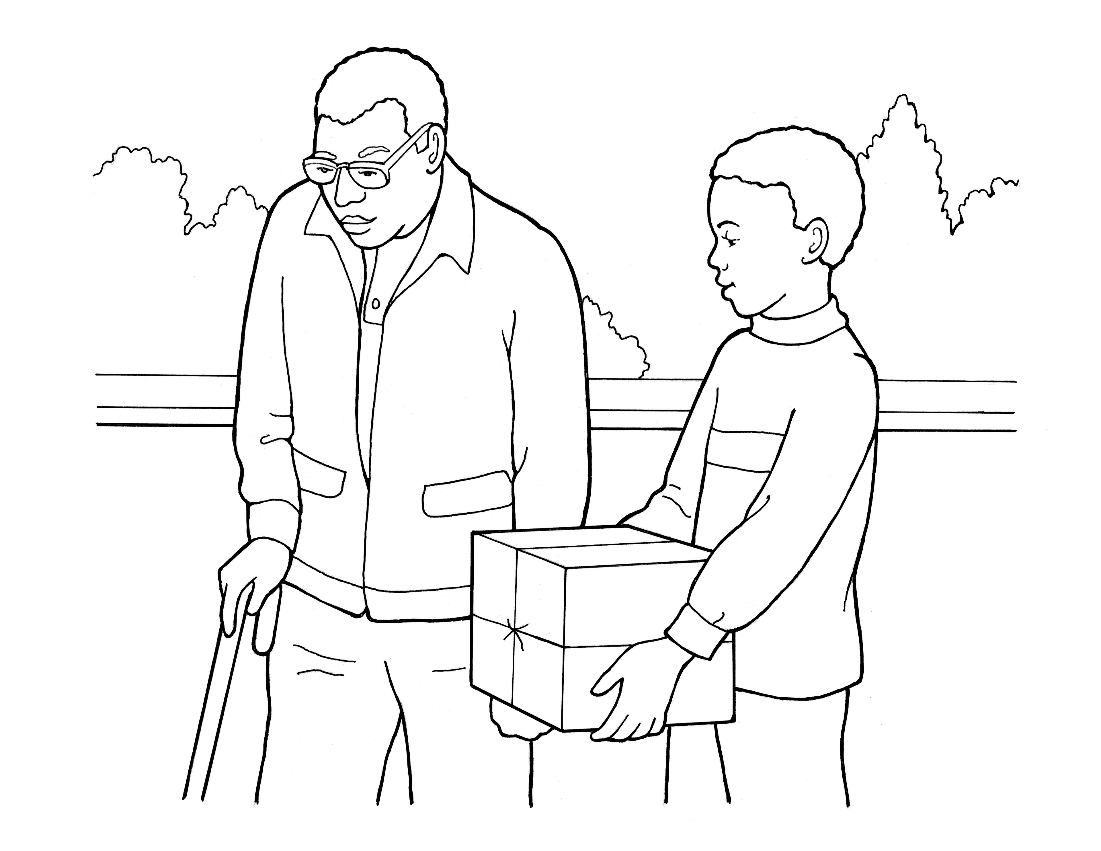 An illustration of a grandson carrying a box for his grandfather.