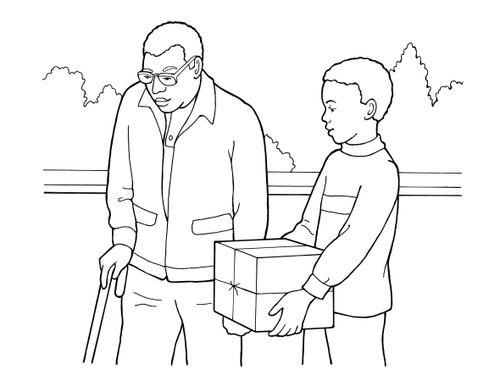 A black-and-white illustration of a young boy carrying a box for his grandfather, who is using a cane to walk.