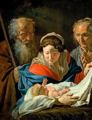 painting of shepherds looking at baby Jesus, held by Mary