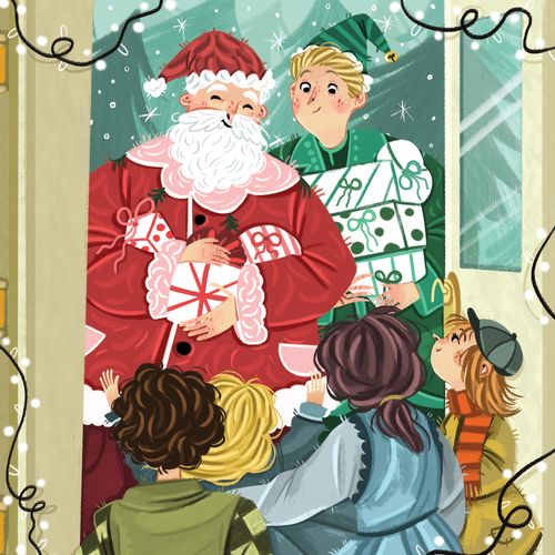 Santa Claus, elf, and children