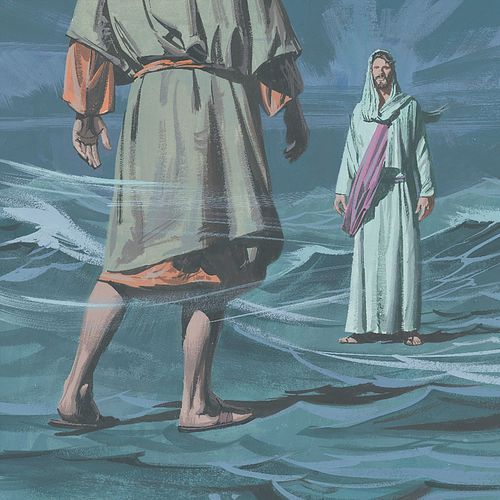 Petrus geht auf dem Wasser auf Jesus zu