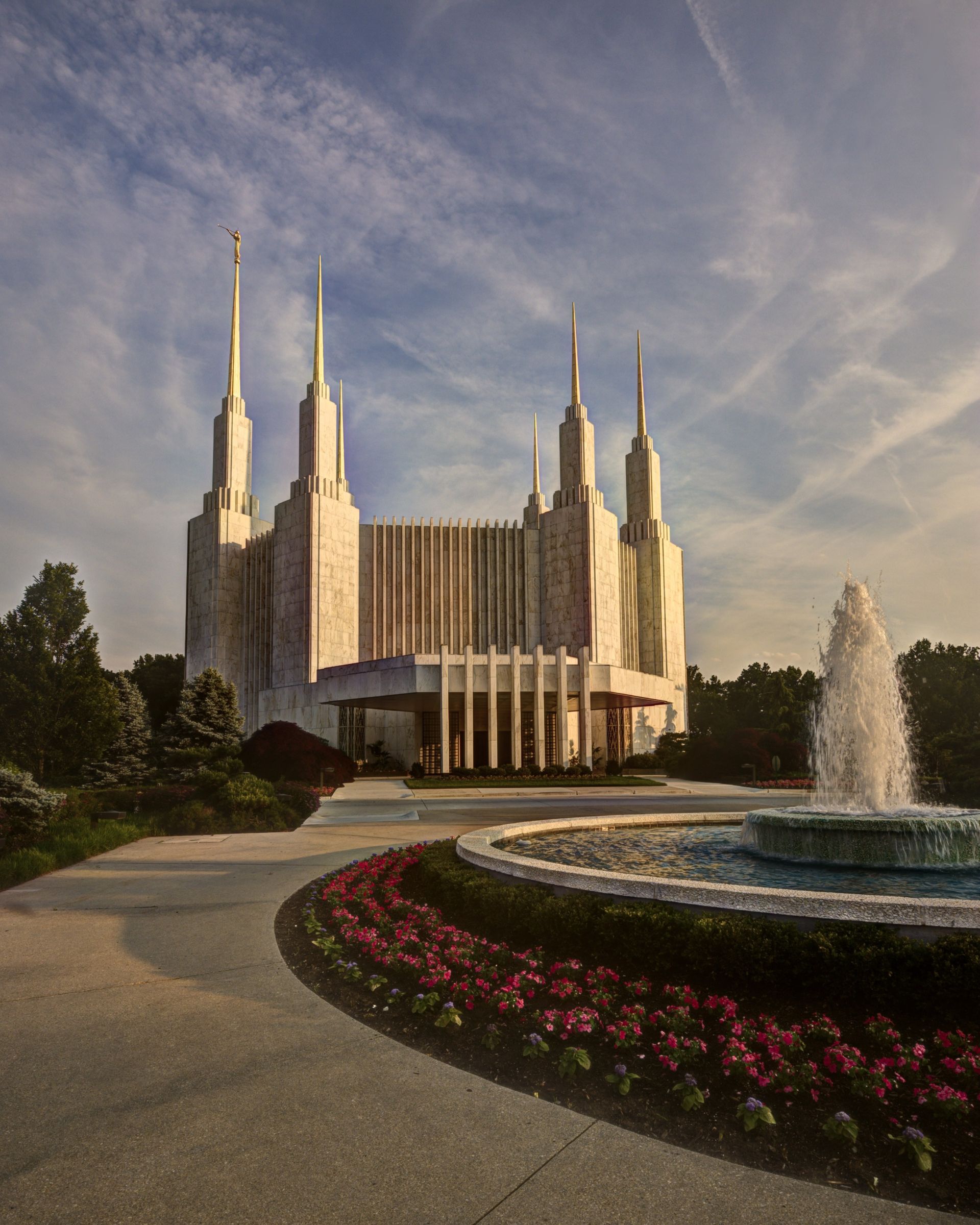 The Washington D.C. Temple, with the fountain, entrance, and flowers.