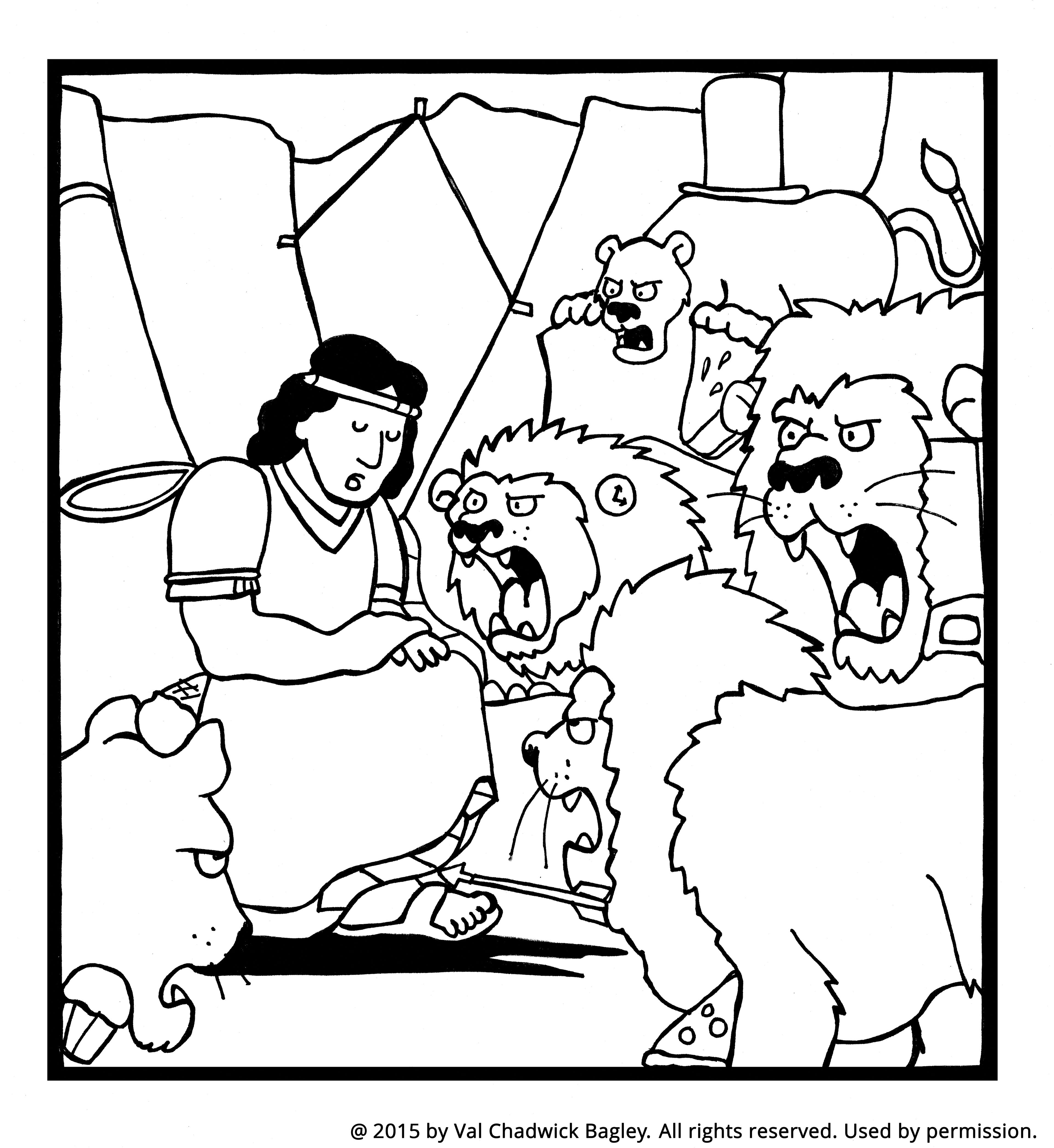A black-and-white coloring page of Daniel sitting in a den, surrounded by lions.