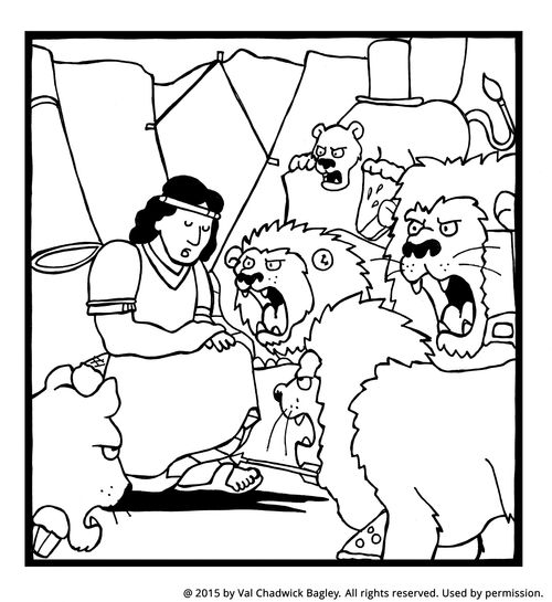 A coloring page of Daniel sitting down in a den, surrounded by five lions with open mouths.