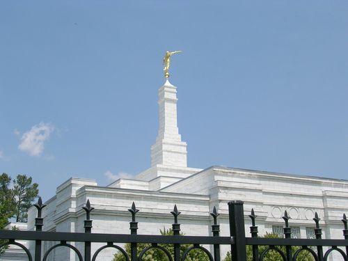 The spire of the Raleigh North Carolina Temple, with the angel Moroni on top.