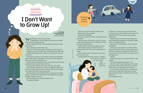 Story PDF with images of a girl sitting on her bed with her mother and thinking about her future