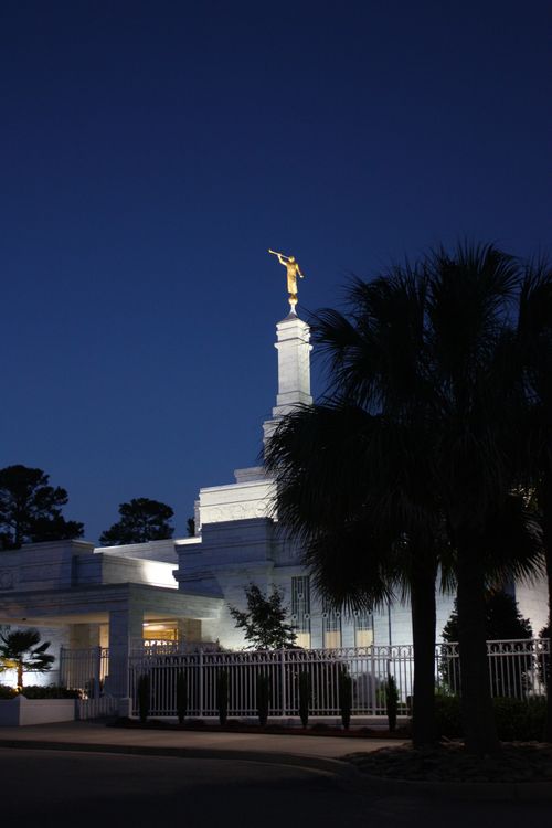 A portrait view of the Columbia South Carolina Temple lit up at night, with a fence and a tree in front.